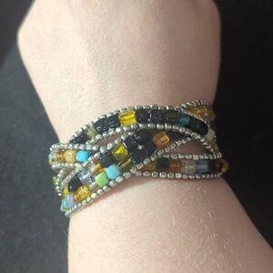 Silver Tone Blue Yellow Black Green Beaded Plaited Flex Cuff Statement Bracelet